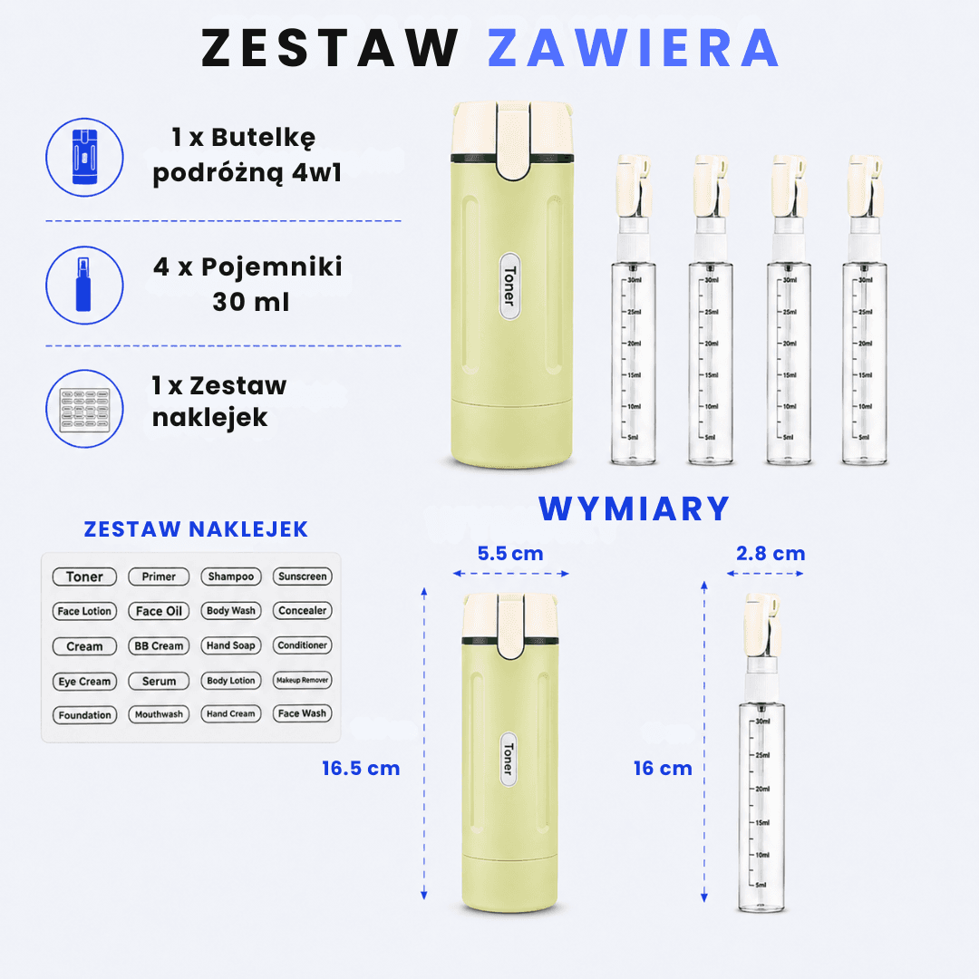 Dosfox - butelka podróżna 4 w 1, 4 małe pojemniki po 30 ml